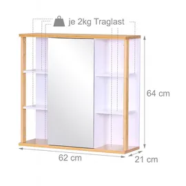 Relaxdays Spiegelschrank, 6 Ablagen, 2 Innenfächer, HxBxT: 64 x 62 x 21 cm, Wandmontage, Bad Hängeschrank, weiß/Natur