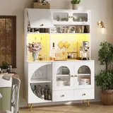 Merax Küchenschrank mit LED & Steckdose, Sideboard Buffetschrank mit Arbeitsplatte & Glastür, Küchenbuffet mit 2 Schubladen, Falttüren und Lochwand, Hochschrank für Küche Wohnzimmer Esszimmer, Weiß