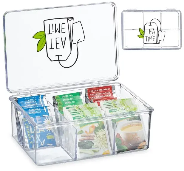 Relaxdays Transparente Teebox mit 6 Fächern Grün,Schwarz,Transparent