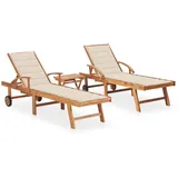 vidaXL Sonnenliegen 2 Stk. mit Tisch und Auflagen Massivholz Teak Kissenfarbe Creme