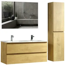 Alpenberger Badezimmermöbel Set mit Doppel Waschbecken mit Unterschrank, Spiegel und Hochschrank | Waschtisch Waschbeckenunterschrank Badschrank