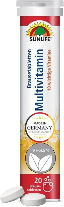 SUNLIFE Multivitamin Brausetabletten - 1x20 Stück - Multivitamin Tabletten mit Orangen Geschmack - Brausetabletten mit 10 Vitaminen - Nahrungsergänzungsmittel Multivitamine - Vitamine Tagesbedarf