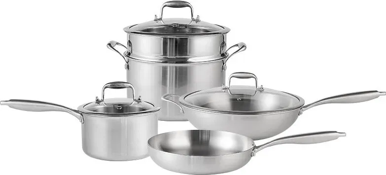 PURECOOK Dreischicht Edelstahl-Kochgeschirr 4-teiliges Set – 34cm 316 Edelstahl Wok, 18cm 304 Edelstahl Milchtopf (mit Deckel), 24cm 304 Edelstahl Dampfkochtopf & Suppentopf (mit Deckel und Dampfeinsatz), 28cm 304 Edelstahl Bratpfanne (ohne Deckel) zwilling