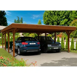 SKANHOLZ Doppel-Carport Spessart 6,11 x 8,46 m lasiert - braun inkl. Regenrinne, Pfostenanker