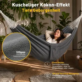 Sekey Hängematte mit Karabinern Tragetasche aus Baumwolle Doppelhängematte für Outdoor, bis 200 kg Belastbar, für Garten, Balkon Terrasse Indoor ... - Grau