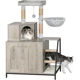 Hzuaneri Katzenschrank, 4-in-1 Modernes Katzenhaus mit Großer Plattform, Katzenhaus mit Sisal-Kratzmatte, Pfosten, Treppe und Pompom, Waschbare Kissen, Greige CB81005B