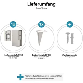 ledscom.de Garten-Steckdosensäule POMI mit Erdspieß für außen, IP44, Timer/Zeitschaltuhr, 2-Fach, Edelstahl, eckig, 23cm