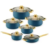 Topfset, Pfannenset 12-teilig | Kochtopfset | Kochtöpfe | Töpfe mit Glasdeckel | Induktionsgeeignet | Blau-Gold, Edelstahl | Retoo - Blau/Gold
