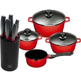 10tlg. KING Vorteilsset ROT: 4tlg. Kochtopfset Aluguss Rot, 3xKochtöpfe in Ø16,Ø20,Ø24cm, 1xStieltopf Ø16cm + 6tlg. Messerset KING® CARBON RE...