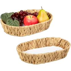 Relaxdays Obstschalen, 2er Set, Dekokörbe für Obst, Brot uvm., aus Wasserhyazinthe, HBT ca. 7x33x22 cm, Boho-Stil, natur