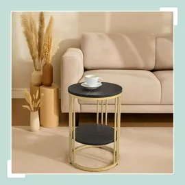 Relaxdays Beistelltisch Marmoroptik, 2 Ablagen, für Wohnzimmer, Metall & MDF, Sofatisch rund, HxD 56x40 cm, schwarz/gold