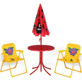 SPIELWERK Kindersitzgruppe Garten mit Sonnenschirm höhenverstellbar 2x Klappstuhl UV Schutz abgerundete Ecken Tisch Stühle Outdoor Sitzgruppe Kinder
