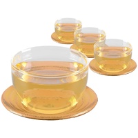 tea4chill 4 x Teetasse Glas mit Untertasse aus Gusseisen in ocker, 120ml. Traditionelles asiatisches Set Teebecher Glas mit Untertasse aus Gusseisen. Ideal Ergänzung für Gusseisen Teekanne.