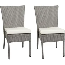 Mendler 2er-Set Poly-Rattan Stuhl HWC-G19, Balkonstuhl Gartenstuhl, stapelbar ~ grau, Kissen creme