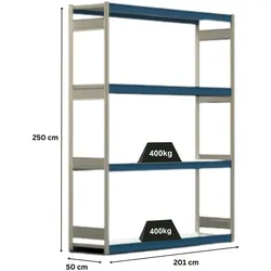 PROREGAL Weitspannregal ELCH Stecksystem T-Profil | Grundregal | HxBxT 250x201x50cm | 4 Ebenen | Stahlplatten-Fachboden | Fachlast 400kg | Enzianblau