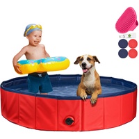 Stabiler Hundepool | Planschbecken für Hunde | Faltbarer Pool mit Ablassventil | rutschfeste Badewanne | Bällebad Kinder | Bälle Bad inkl. Badebürste & Reparaturset - Dog Pool 80x30 (Red)