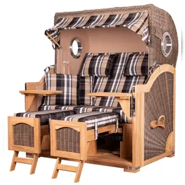 Mr. Deko bene,iving Strandkorb Komplettset Ammersee Grande XL Teak Bullauge PE grau Modell 583 inkl. Liftersystem Schutzhülle Doppelrollen Glasbecherhalter