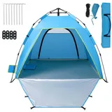 AKKEE Strandmuschel 1-3 Personen Automatische Instant Pop Up Strandzelt UV Schutz 50+, Personen: 3, Tragbar Extra Light Pop Up Zelt mit Doppeltür blau