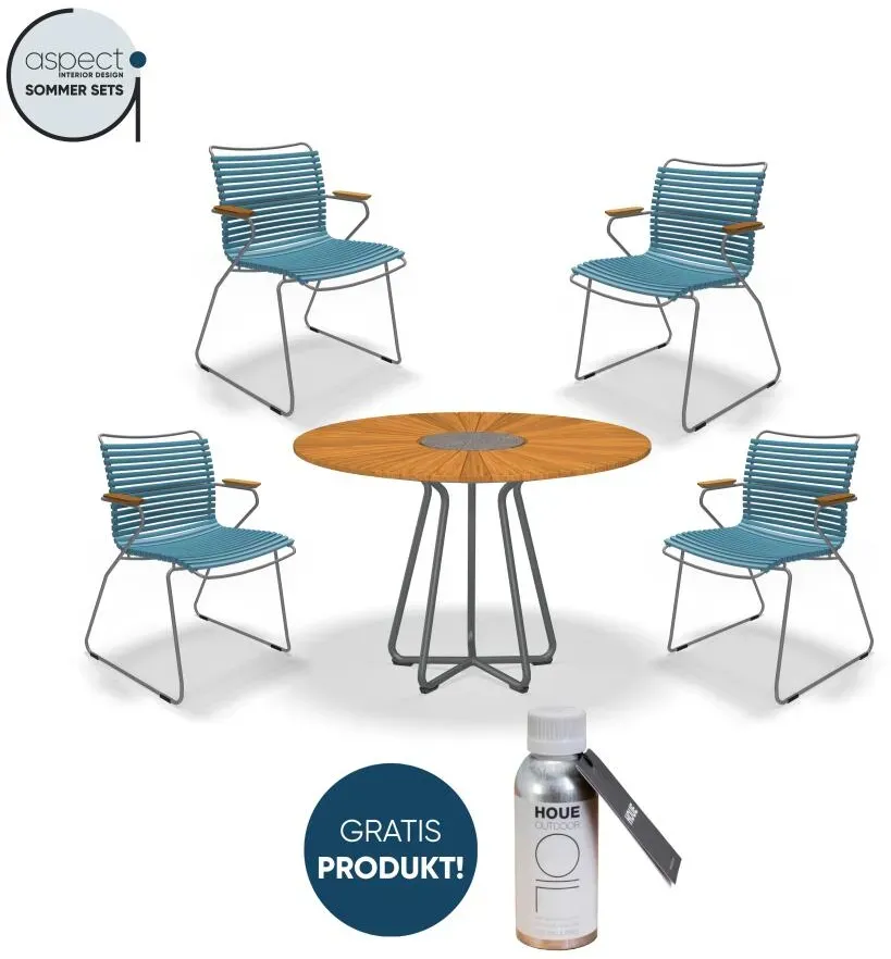 Houe Set aus CIRCLE Dining Table Ø110 und 4x CLICK Dining Chair mit Bambusarmlehen Petrol