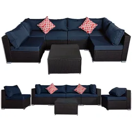 MuCoLa Gartenmöbel 7tlg. Sitzgruppe Polyrattan Sofa Sitzkissen Lounge Sitzgarnitur Set Couch Gartenset Essgruppe - Schwarz/Blau - Schwarz