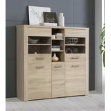 Forte Baltimore Vitrine 140 150, Moderne Vitrine mit 5 Türen, Standvitrine, Wohnzimmervitrine, Vitrinenschrank, Holzwerkstoff, Sonoma Eiche Holzdekor, 146,3 cm breit x 137,4 cm hoch x 41,3 cm tief