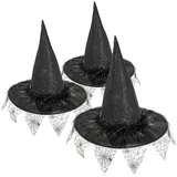 com-four® 3X Hexenhut - Zauberer-Hut perfekt für Fasching, Karneval, Halloween - spitzer Zauberhut für Hexen-Kostüm - schwarze Magier-Kopfbedeckung (3 Stück - Hut Spinnennetz und Federn)