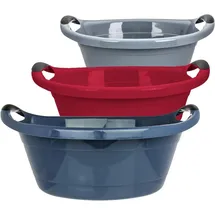 Sustania Wäschewanne 3er Set - 15 Liter Wäschekorb Mix in Grau, Blau, Rot - Made in EU - Platzsparende Waschschüssel mit Griffen, 50 * 38 * 18 cm