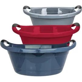 Sustania Wäschewanne 3er Set - 15 Liter Wäschekorb Mix in Grau, Blau, Rot - Made in EU - Platzsparende Waschschüssel mit Griffen, 50 * 38 * 18 cm