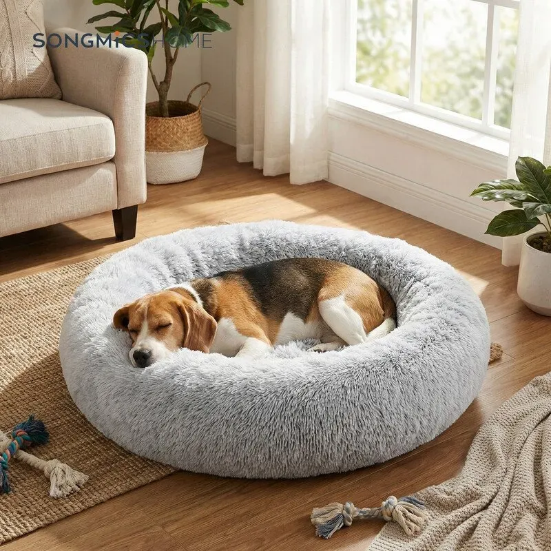 Flauschiges Hundebett, Katzenbett, Donut-Kissen, waschbar, herausnehmbare Polsterung in der Mitte, langes Plüschmaterial, 80 cm Durchmesser, Hellgrau