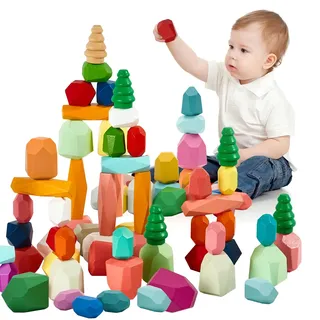 RunHero 58 Stück Stapelsteine Balanciersteine Montessori Holz Bauklötze Spielzeug für Kinder Stapelturm Grimms Holzbausteine Stapelsteine Motorikspielzeug Geschenk für Baby ab 3+ Jahr