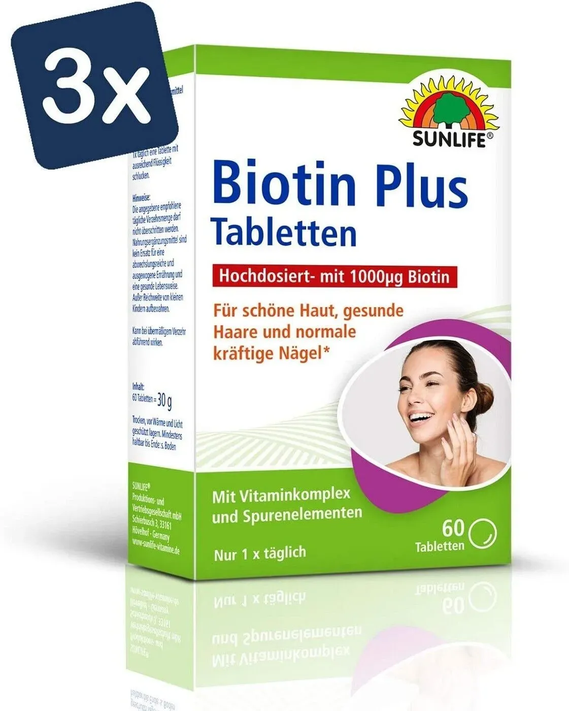 SUNLIFE Biotin Plus 3x 60 Tabletten Für schöne Haut gesunde Haare und normale kräftige Näge, mit Vitamin-Komplex