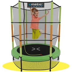 KINETIC SPORTS Kinder Trampolin JUMPER 140 cm - Inklusive Gummiseil Federung, Sicherheitsnetz mit Reißverschluss, Rahmenpolster, Schutz Bodennetz - Indoor Kindertrampolin Spielzeug   Grün-Orange