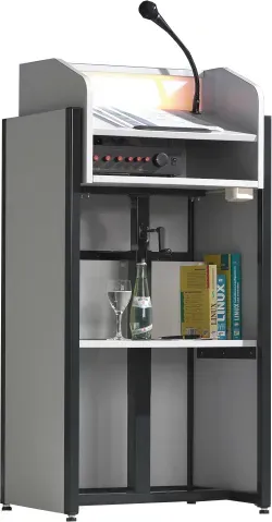 höhenverstellbares Rednerpult, mit Melamin-Stahl-Kombination, inkl. Mikrofon und Lautsprecher