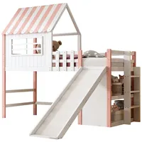 REDOM Kinderbett Dachhaus-Stil Holzbett (Hochbett mit Rutsche und Leiter, Spiel- & Stauraumbett aus Massivholz, 90x200 cm), ohne Matratze rosa
