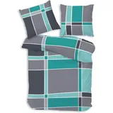 Soma Bettwäsche Bettbezug 135x200 80x80 kariert gestreift Karo blau bieber warm, Biber, 2 teilig, Winter kuschelig weiche Reißverschluss 100% Baumwolle sale Weihnachten blau|grau