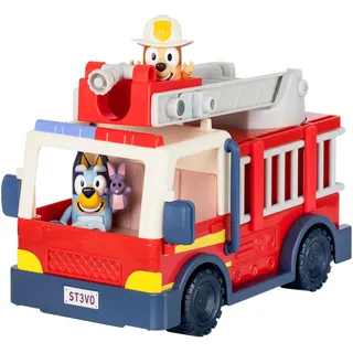 Bluey BlueY-Feuerwehrauto. Feuerwehrauto, Exklusive Bingo als Feuerwehrfrau und Bob Bilby-Figur. Fahre die Leiter aus, drehe sie und Rolle den Schlauch aus. Mit Stickerbogen