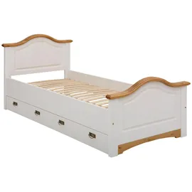 otto home Massivholzbett OTTO HOME "Konrad, Stauraumbett, Messinggriffe, rustikaler Landhausstil", weiß (weiß, honig), B:103cm H:90cm L:209cm, Betten, Massivholzbett, mit FSC-zertifiziertem Massivholz, Liegehöhe 40 cm