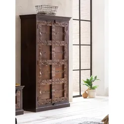Stauraumschrank SIT "Almirah", braun, B:100cm H:180cm T:45cm, Massivholz, Recyceltes Altholz, Schränke, mit Schnitzereien und Metallapplikationen