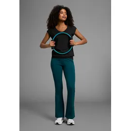fayn sports FAYN SPORTS, Damen, Gr. 24, K + L Gr, blau (schwarz petrol), Jersey, Obermaterial: 90% Baumwolle, 10% Elasthan, unifarben mit Farbeinsatz, bootcut fit lang, Hosen Leggings, Logo als Reflektorprint