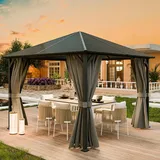 UDPATIO 3x3 m Pavillon Polycarbonat mit Vorhängen, Wetterbeständige Legierungen-Gartenpavillon wasserdicht stabil Winterfest UV-Schutz 6x6 cm starken Pfosten für Garten, Terrasse, Grau