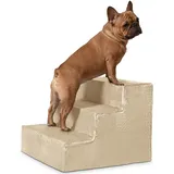 VELORA H&L Hundetreppe 3 Stufen Beige - Stabile Holzkonstruktion mit Veloursbezug, rutschfeste Hundetreppe für Sofa und Bett, Haustiertreppe für Hunde und Katzen, Belastbar bis 80 kg