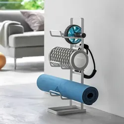 Yamazaki Fitnessgeräte-Ständer für Yogamatte und Faszierolle 3 Ablagen weiß