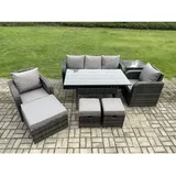 8 Pcs Rattan Gartenmöbel Set Rechteckiger Esstisch Und Sessel Sofa Set Mit Beistelltisch 3 Fußhockern Dunkelgrau Gemischt - Fimous