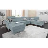 Wohnlandschaft SIT & MORE "Avignon U-Form", blau (aqua), B:331cm H:97cm T:228cm, Flachgewebe (90% Polyester, 10% Polyamid);Luxus-Microfaser (100% Polyester);Struktur (100% Polyester), Sofas, Wohnlandschaft, wahlweise mit Bettfunktion und Stauraum, inklusive Kopfteilverstellung