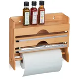 Relaxdays Wandrollenhalter 3 in 1, für Alufolie, Frischhaltefolie, Küchenrolle, Bambus, HxBxT: 31 x 39,5 x 11 cm, Natur