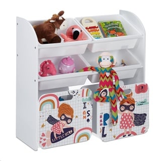 Relaxdays Kinderregal mit 6 Boxen, Kleine-Heldin-Motiv, 2 Kisten mit Rollen, HBT: 80,5x82,5x30 cm, Spielzeugregal, weiß