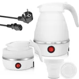 Faltbarer Wasserkocher 0.6l Reise Wasserkocher Klein Silikon mit 2 Faltbecher Wasserkessel Camping Tragbarer 5 Minuten Schnelles Kochen für Outdoor Camping Wandern Survival Weiß