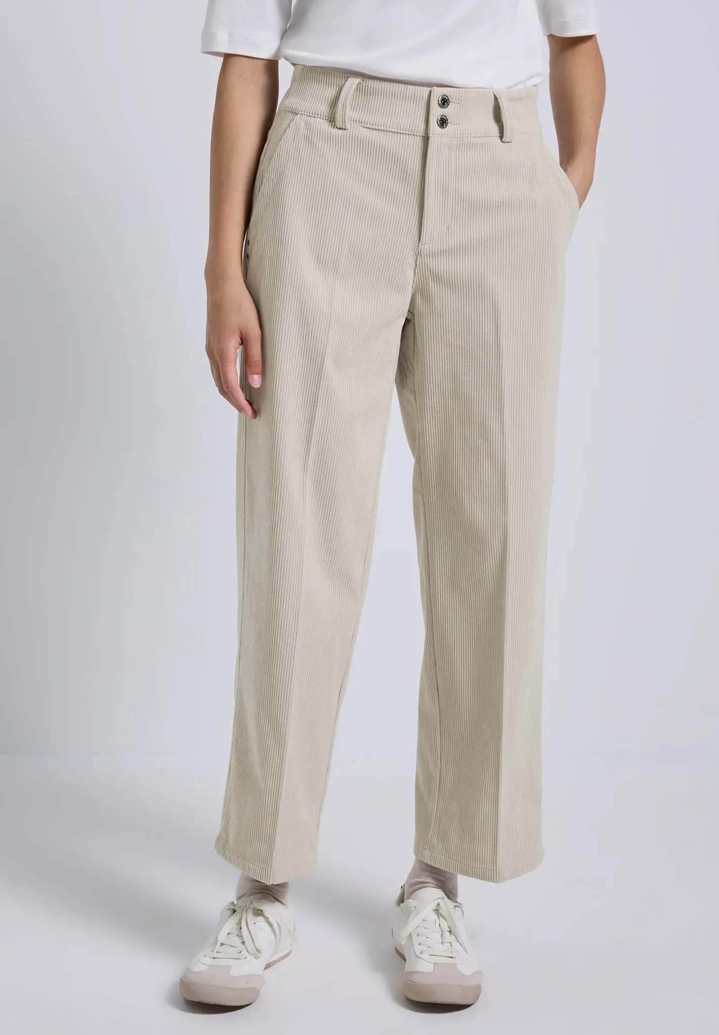 Stoffhose STREET ONE STUDIO, Damen, Gr. 44, Länge 28, beige (morn beige), Stoff, 100% Polyester, unifarben, comfort fit knöchelfrei, Hosen Stoffhose, High Waist