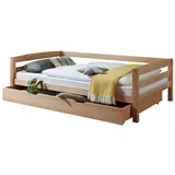 58 aufm Kessel Bettgestell Seniorenbett Gisselle 208x98x63 Einzelbett Massivholz Buche lackiert (inkl. Versand, inkl. Bettschublade), Kinderbett Jugendbett Gästebett Liegefläche 90x200 mit Schubladen beige