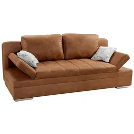 luma-home schönes für dein zuhause Funktionssofa mit Gästebett u.Bettkasten B200/T100/H84 cm, Armlehnen verstellbar, Liegefläche 148x200 cm, Wellenunterfederung, Bezug Mikrofaser in Antikleder-Optik m. Steppung in Braun Curry